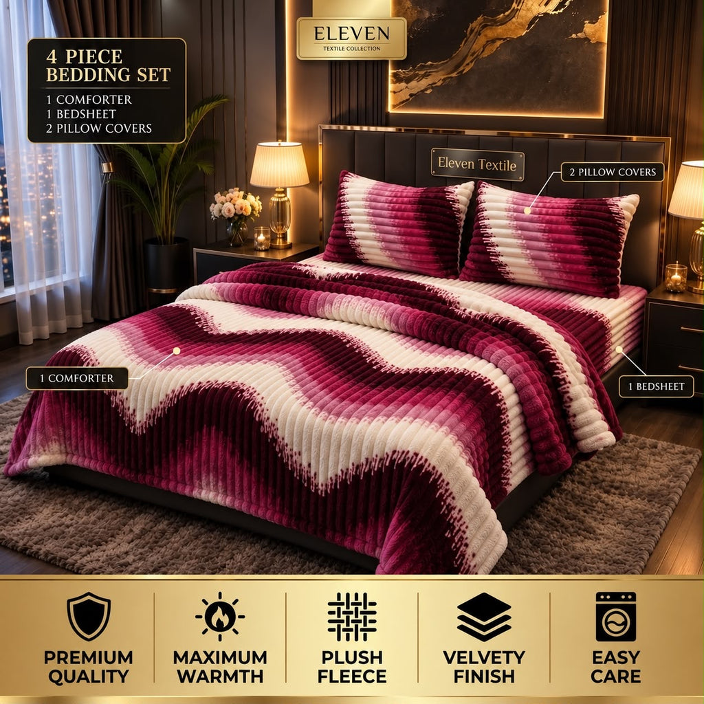 ELEVEN TEXTILE Premium 4-Piece Fleece Bedsheet Set