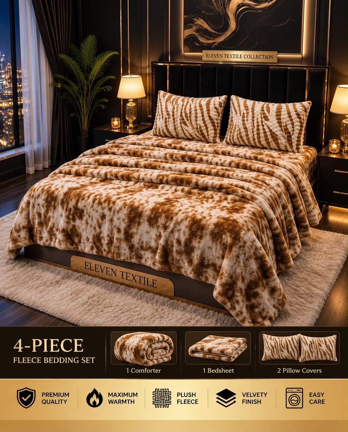 ELEVEN TEXTILE Premium 4-Piece Fleece Bedsheet Set