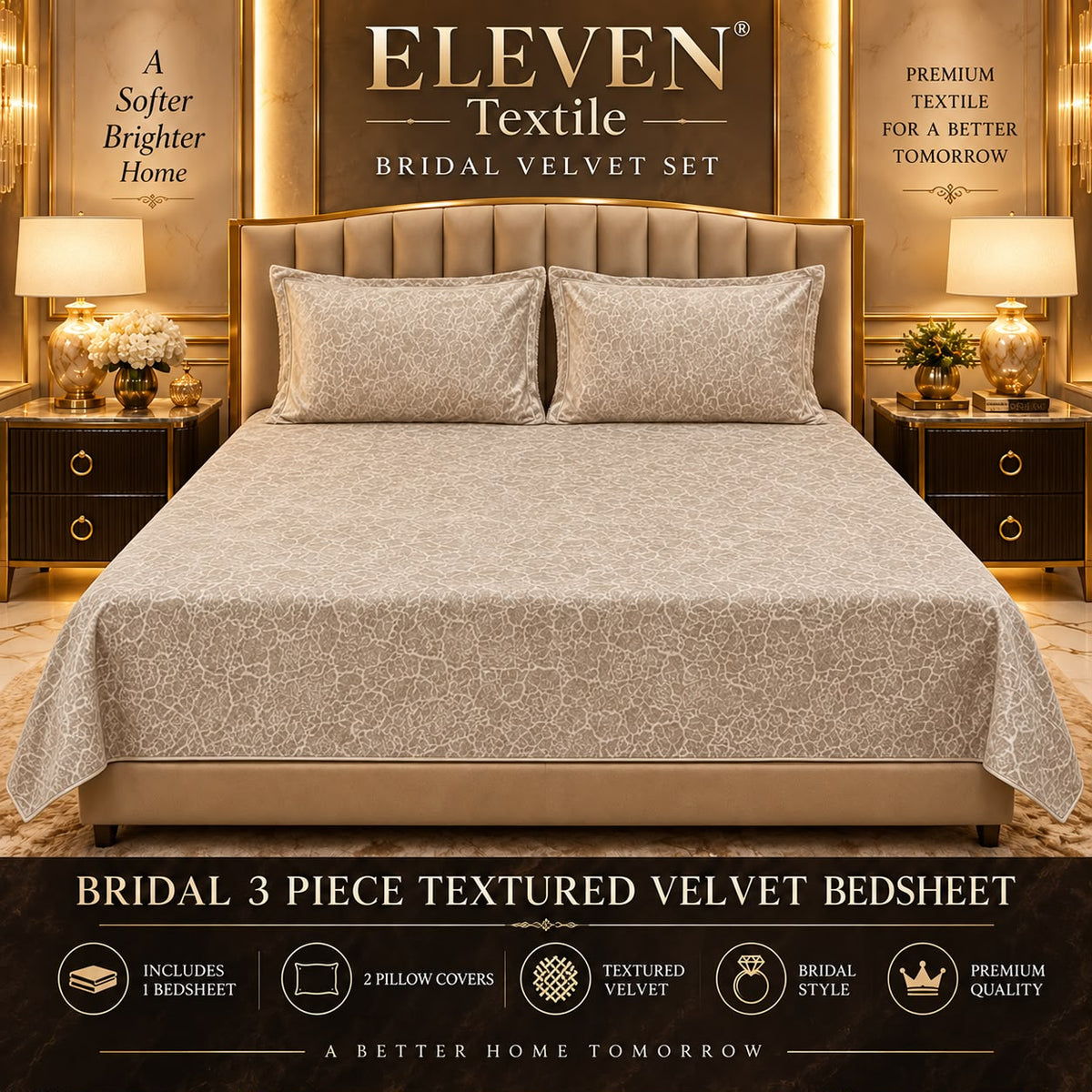 ELEVEN TEXTILE — 3-Piece Royal Textured Velvet Bedsheet Set