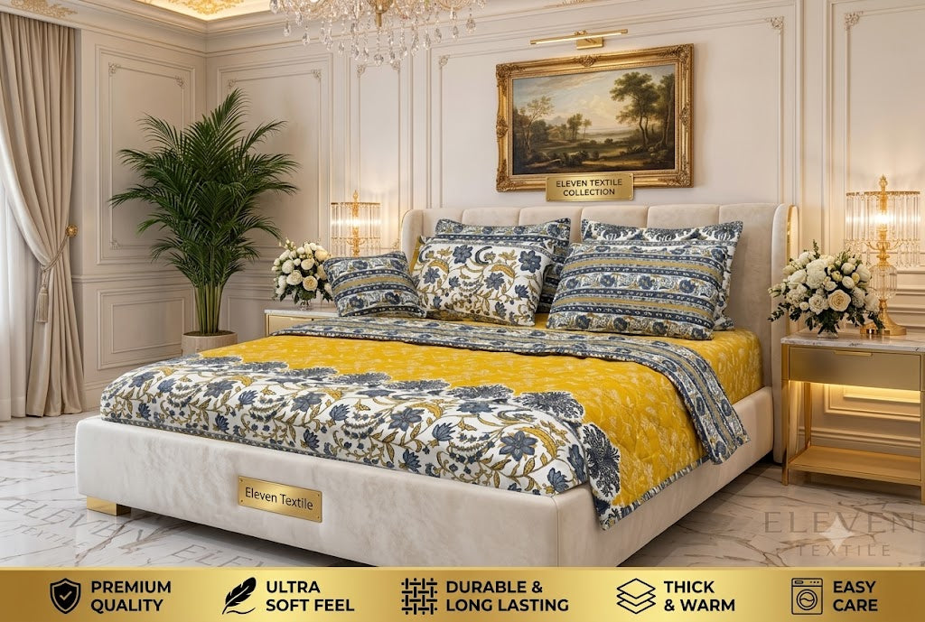 Premium 7-Piece Printed Comforter Set (off white and Yellow)