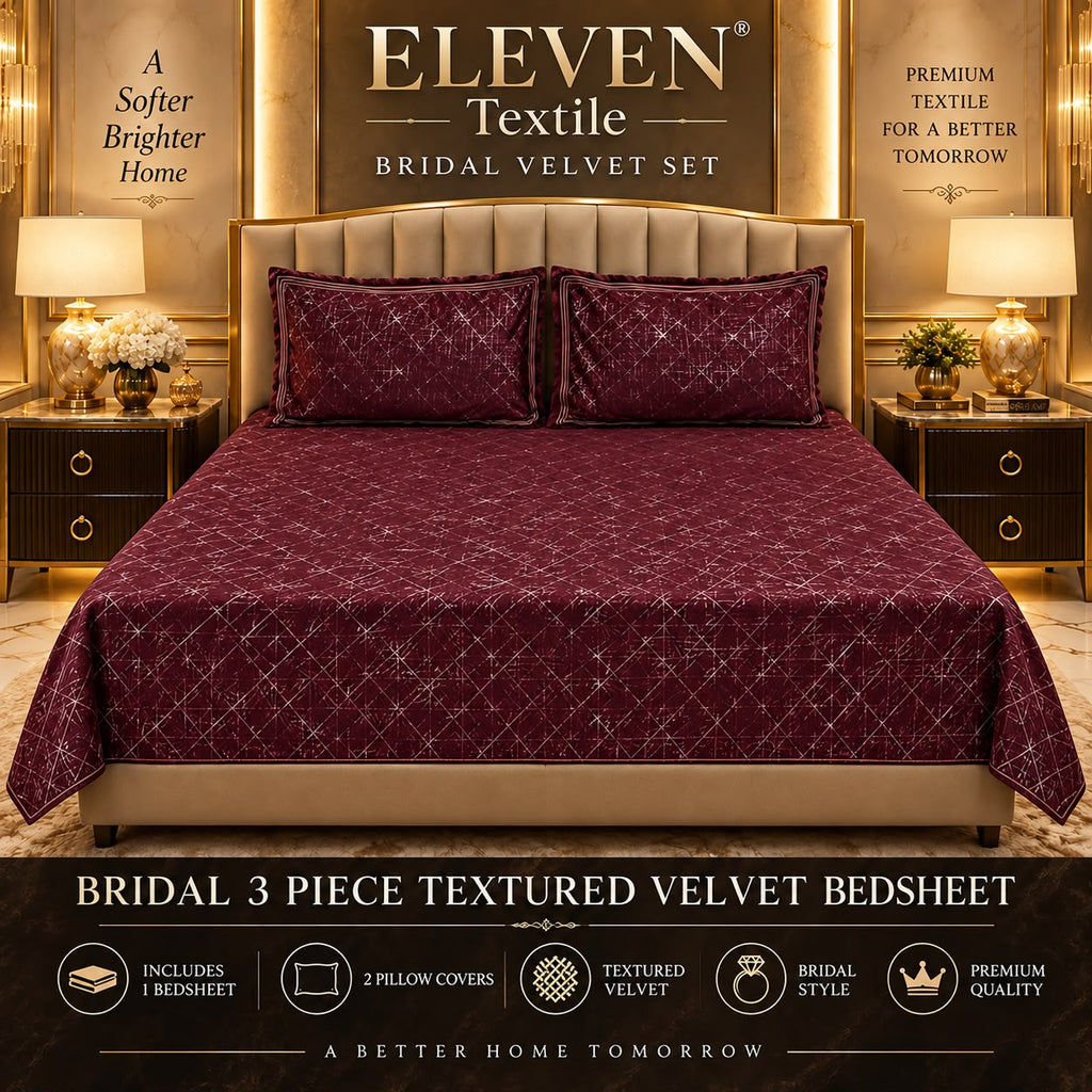 ELEVEN TEXTILE — 3-Piece Royal Textured Velvet Bedsheet Set