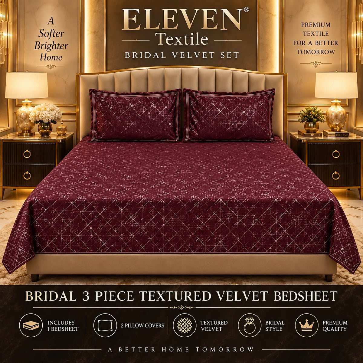 ELEVEN TEXTILE — 3-Piece Royal Textured Velvet Bedsheet Set