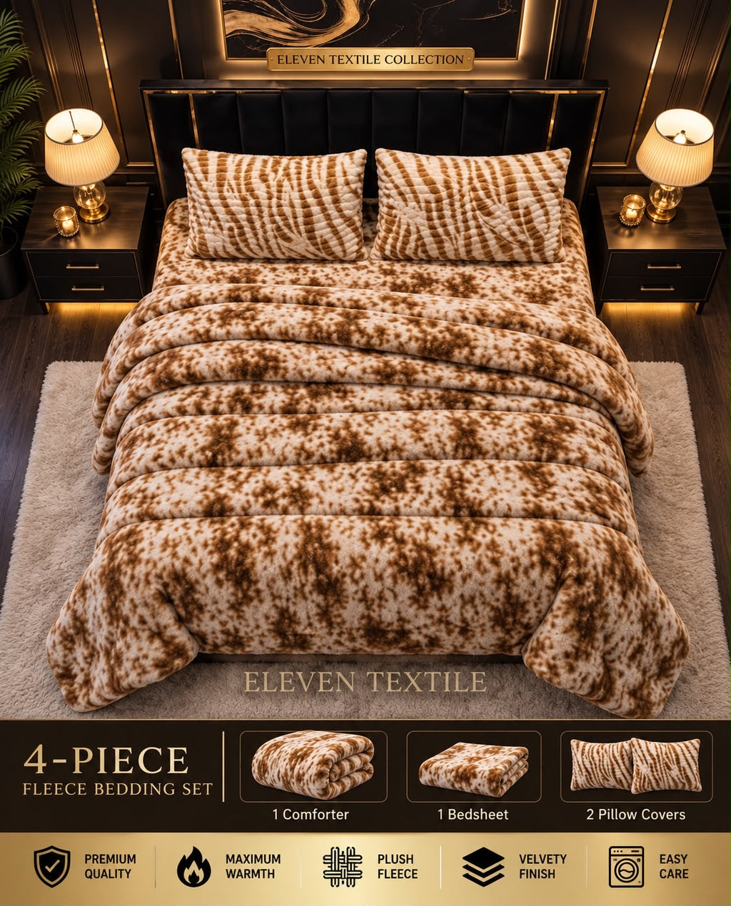 ELEVEN TEXTILE Premium 4-Piece Fleece Bedsheet Set