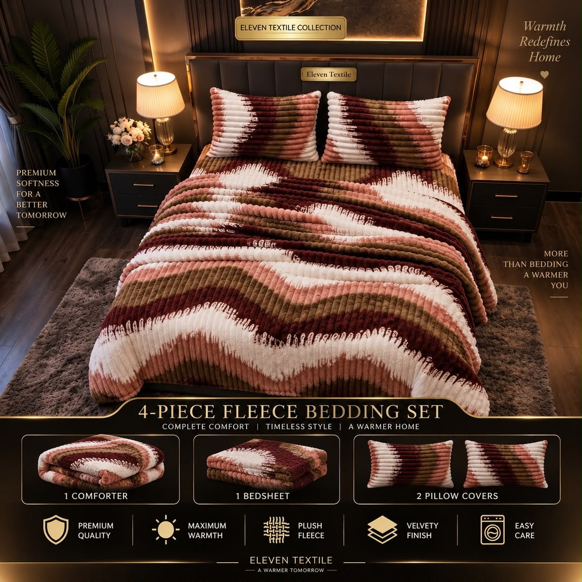 ELEVEN TEXTILE Premium 4-Piece Fleece Bedsheet Set
