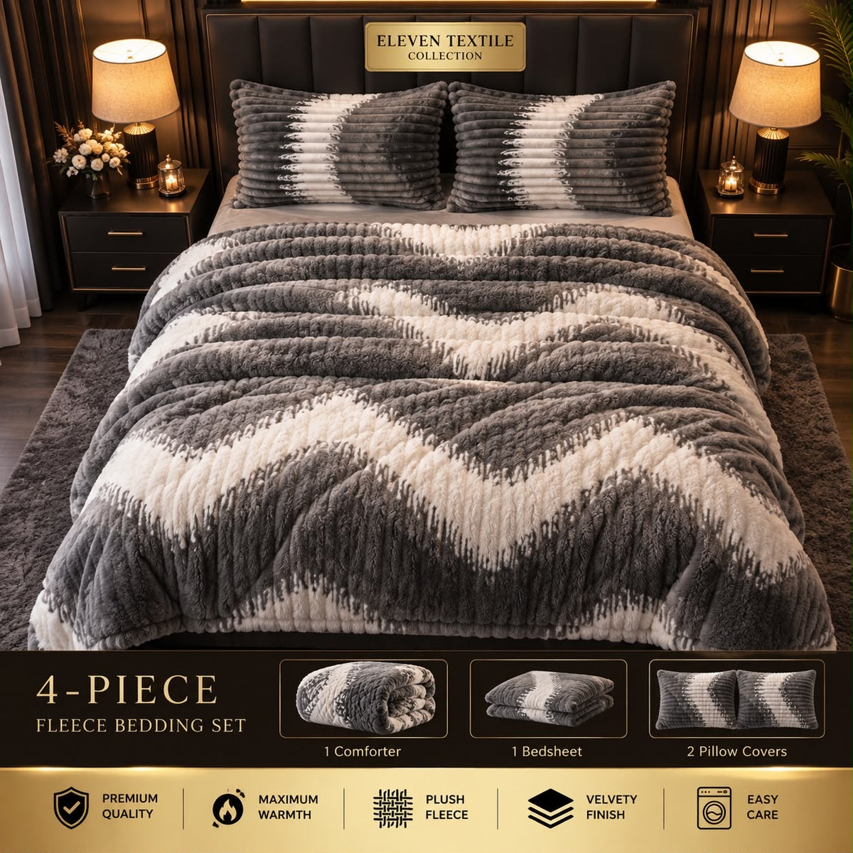 ELEVEN TEXTILE Premium 4-Piece Fleece Bedsheet Set