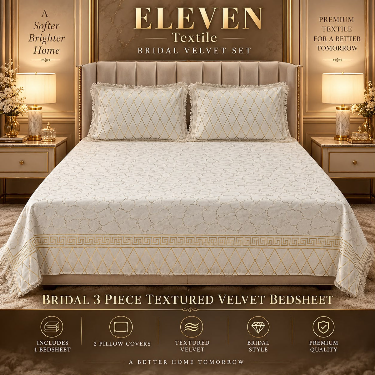 ELEVEN TEXTILE — 3-Piece Royal Textured Velvet Bedsheet Set