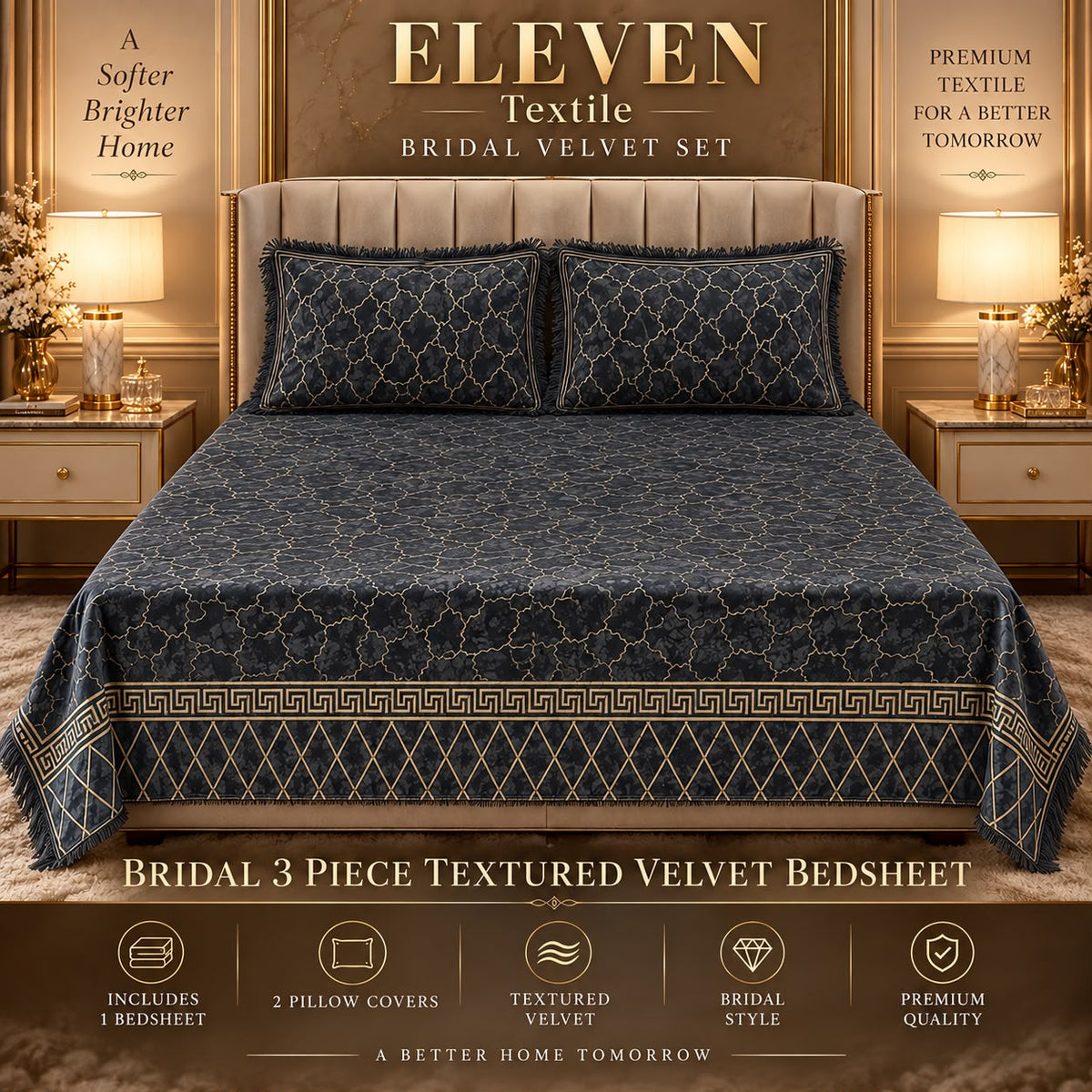 ELEVEN TEXTILE — 3-Piece Royal Textured Velvet Bedsheet Set