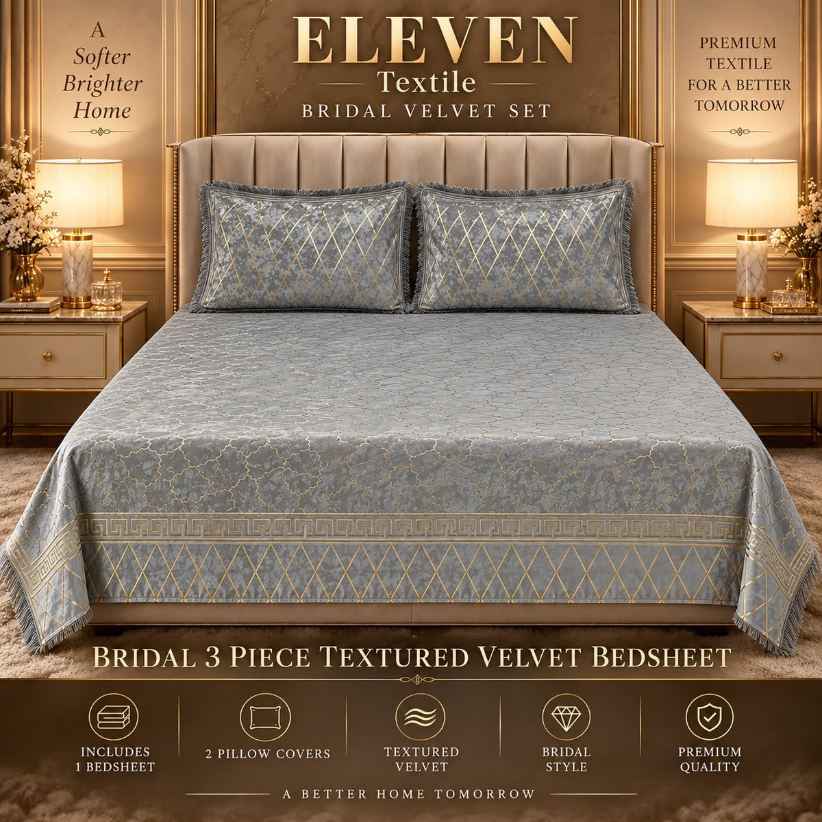 ELEVEN TEXTILE — 3-Piece Royal Textured Velvet Bedsheet Set