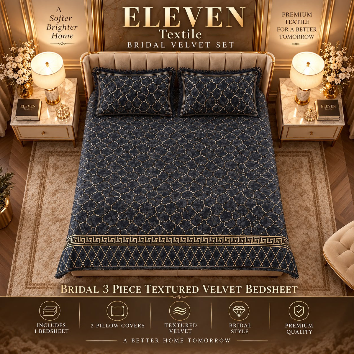ELEVEN TEXTILE — 3-Piece Royal Textured Velvet Bedsheet Set