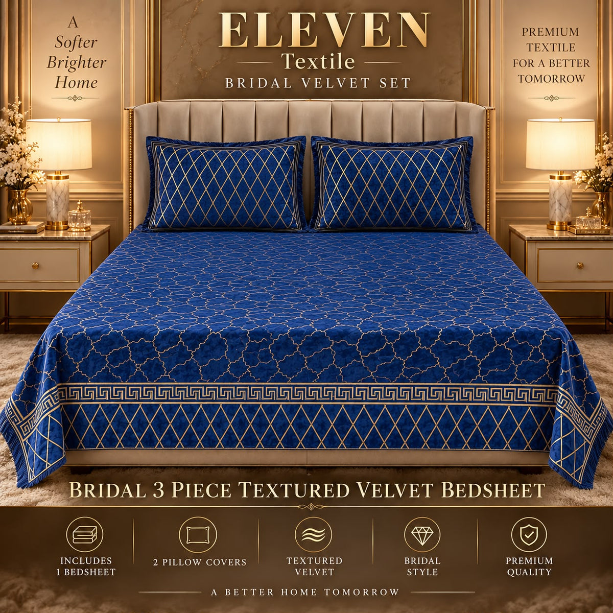ELEVEN TEXTILE — 3-Piece Royal Textured Velvet Bedsheet Set