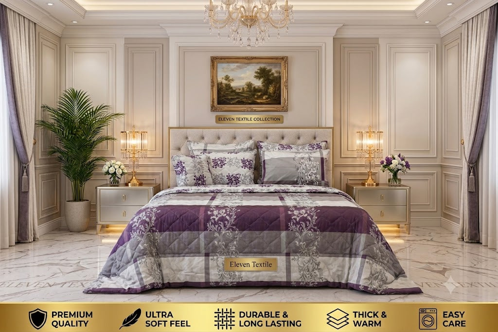 Premium 7-Piece Printed Comforter Set(White And Purple)