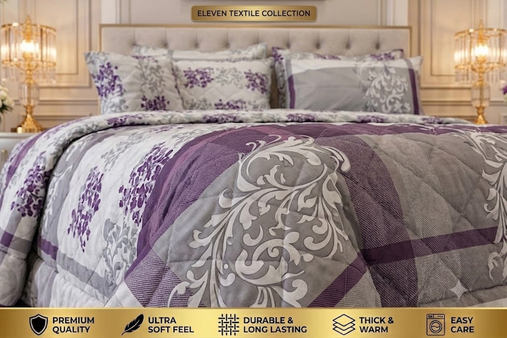 Premium 7-Piece Printed Comforter Set(White And Purple)