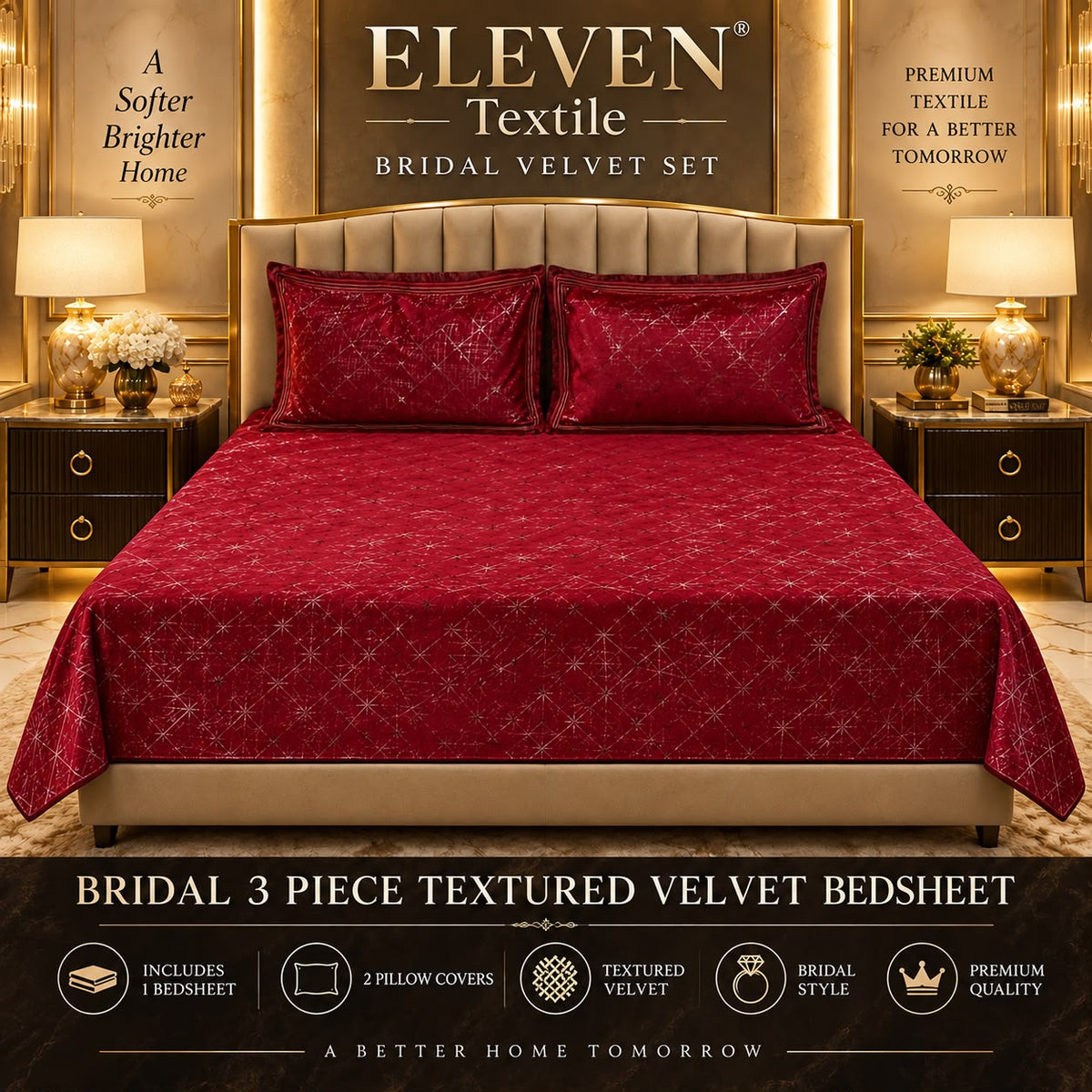 ELEVEN TEXTILE — 3-Piece Royal Textured Velvet Bedsheet Set