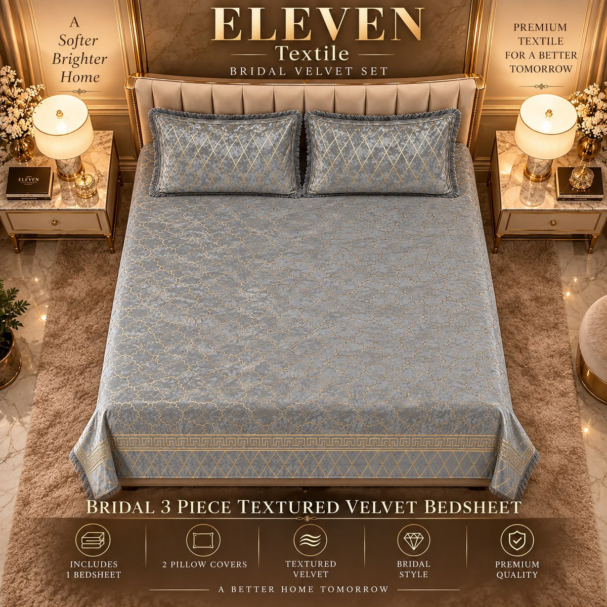 ELEVEN TEXTILE — 3-Piece Royal Textured Velvet Bedsheet Set